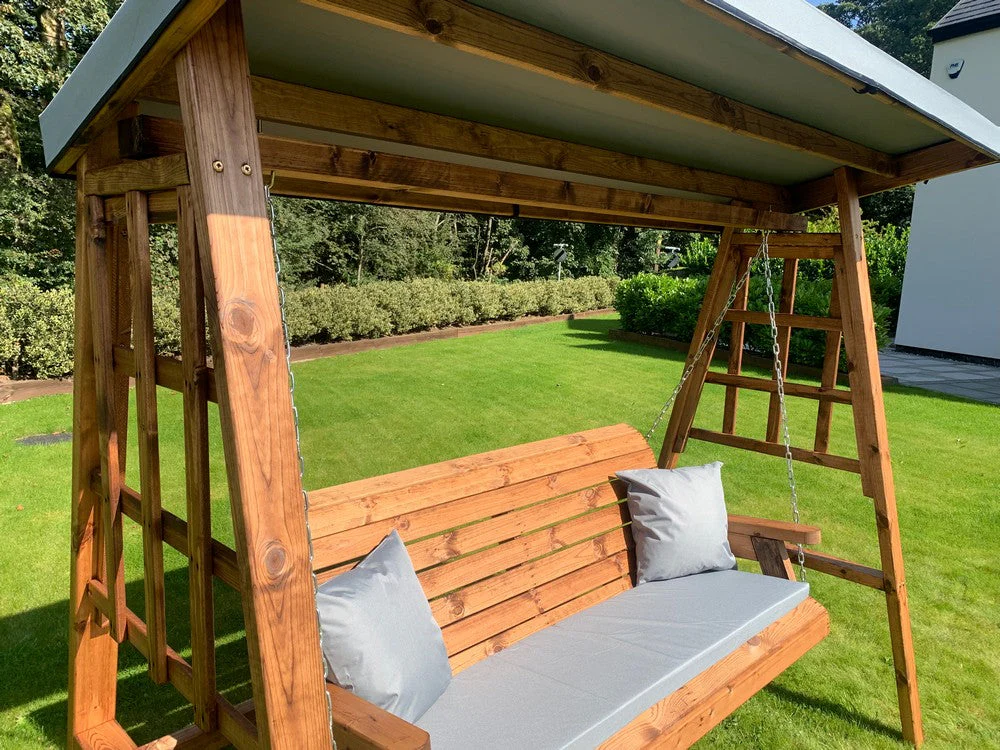 Scandinavian Redwood Garden Swing Seat by Charles Taylor - 3 Seats Grey Cushions - Image 11