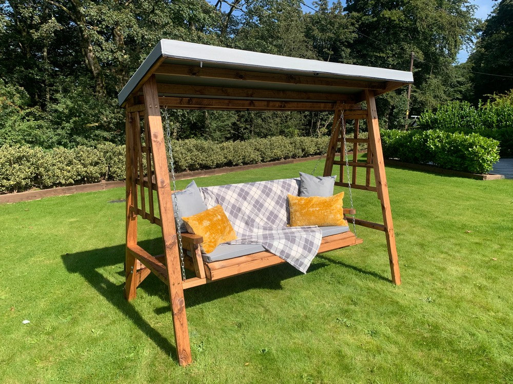 Scandinavian Redwood Garden Swing Seat by Charles Taylor - 3 Seats Grey Cushions - Image 12