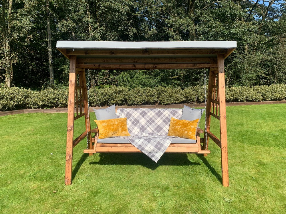 Scandinavian Redwood Garden Swing Seat by Charles Taylor - 3 Seats Grey Cushions - Image 13