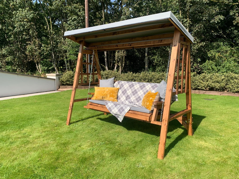 Scandinavian Redwood Garden Swing Seat by Charles Taylor - 3 Seats Grey Cushions - Image 14