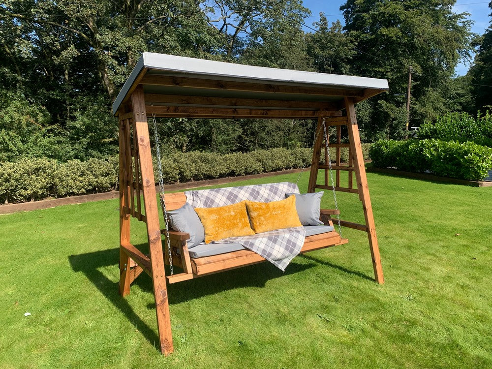 Scandinavian Redwood Garden Swing Seat by Charles Taylor - 3 Seats Grey Cushions - Image 15