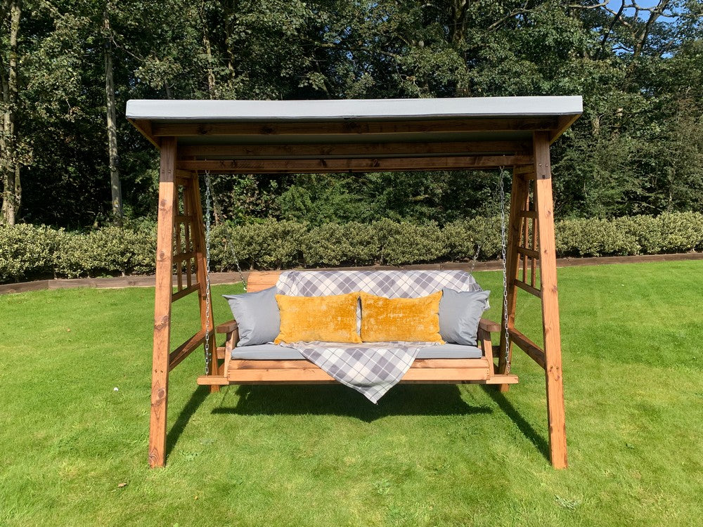 Scandinavian Redwood Garden Swing Seat by Charles Taylor - 3 Seats Grey Cushions - Image 16