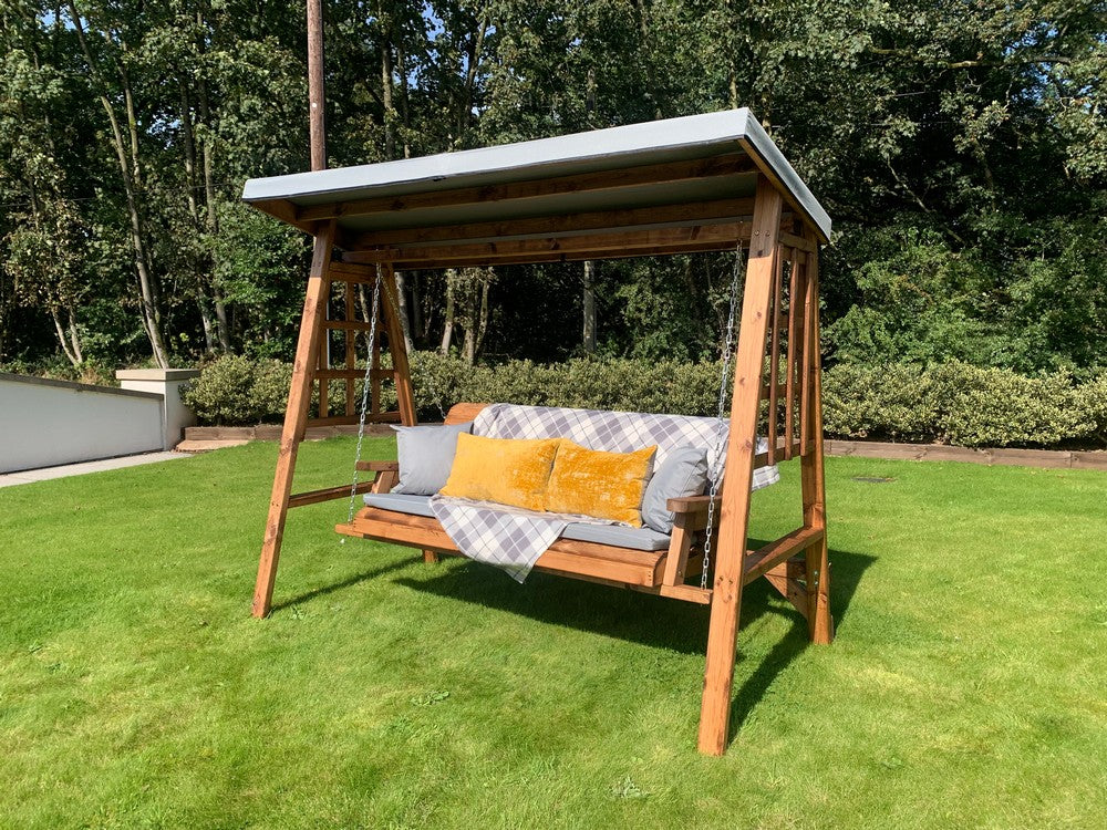 Scandinavian Redwood Garden Swing Seat by Charles Taylor - 3 Seats Grey Cushions - Image 18