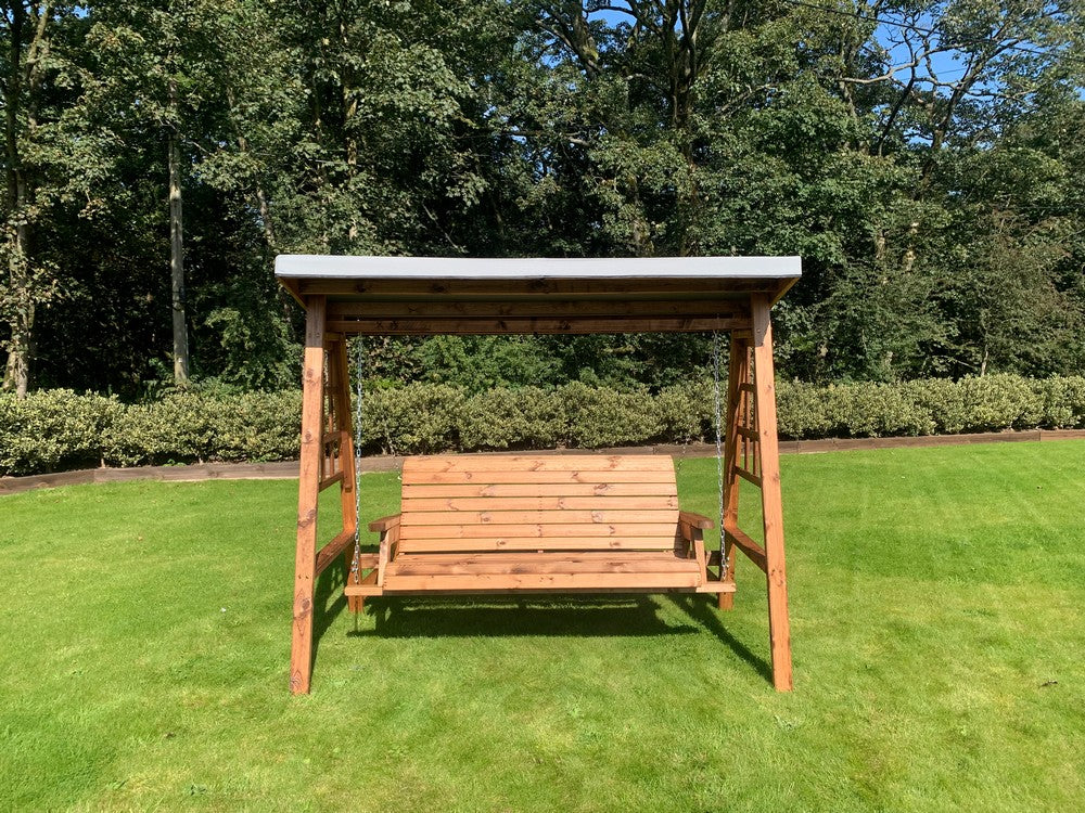 Scandinavian Redwood Garden Swing Seat by Charles Taylor - 3 Seats Grey Cushions - Image 2