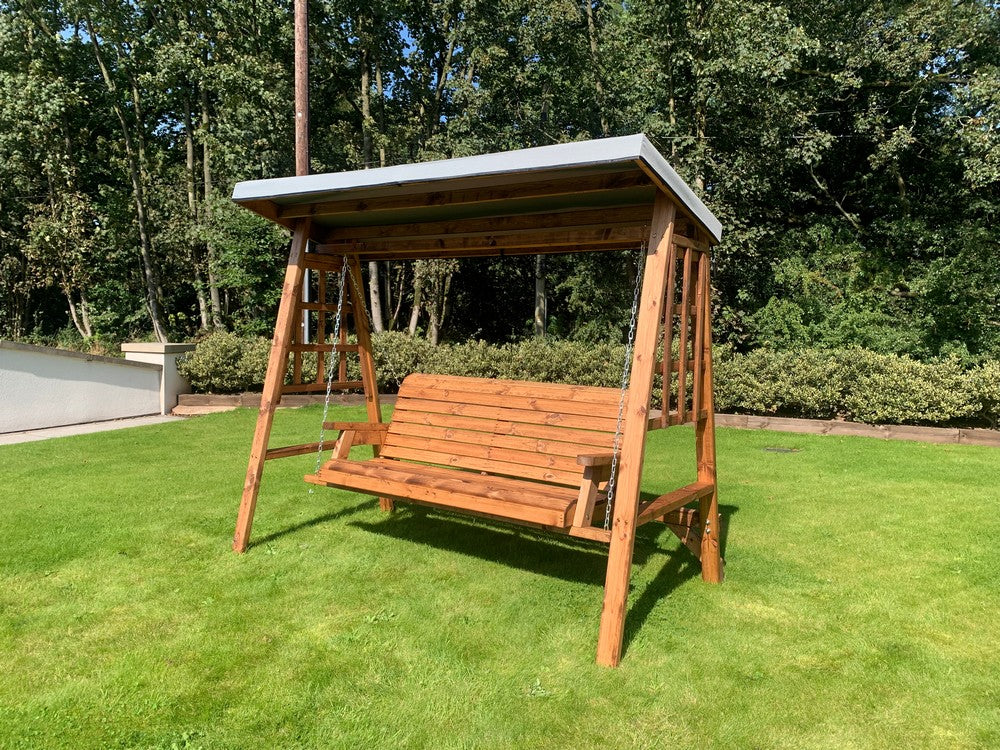 Scandinavian Redwood Garden Swing Seat by Charles Taylor - 3 Seats Grey Cushions - Image 3