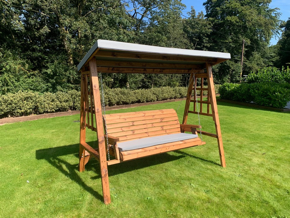 Scandinavian Redwood Garden Swing Seat by Charles Taylor - 3 Seats Grey Cushions - Image 4