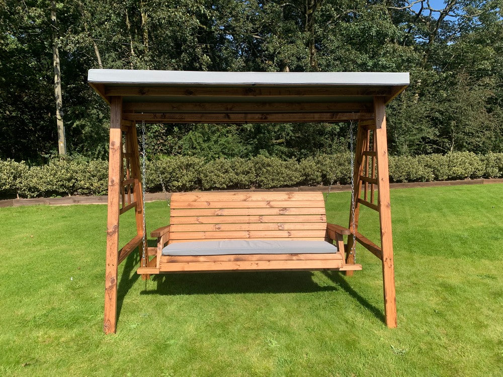 Scandinavian Redwood Garden Swing Seat by Charles Taylor - 3 Seats Grey Cushions - Image 5