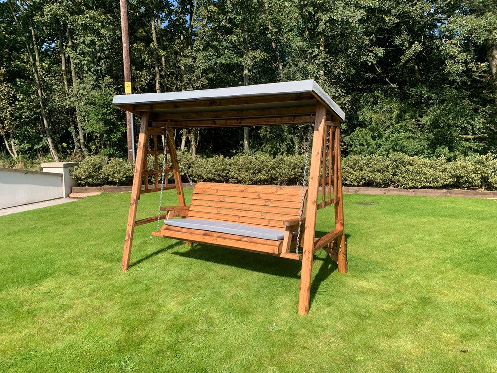 Scandinavian Redwood Garden Swing Seat by Charles Taylor - 3 Seats Grey Cushions - Image 6