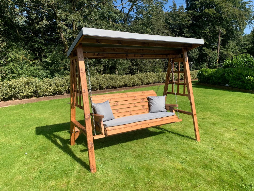 Scandinavian Redwood Garden Swing Seat by Charles Taylor - 3 Seats Grey Cushions - Image 7