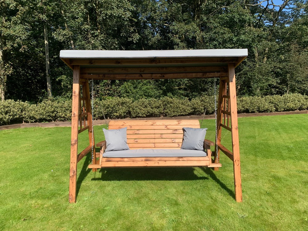 Scandinavian Redwood Garden Swing Seat by Charles Taylor - 3 Seats Grey Cushions - Image 8