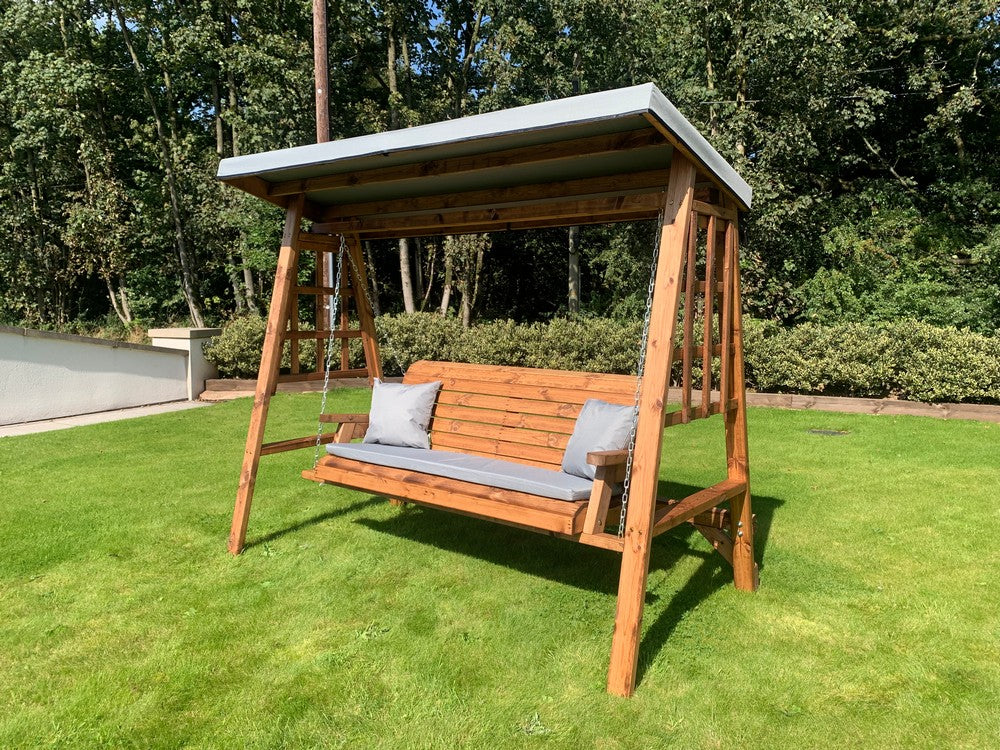 Scandinavian Redwood Garden Swing Seat by Charles Taylor - 3 Seats Grey Cushions - Image 9
