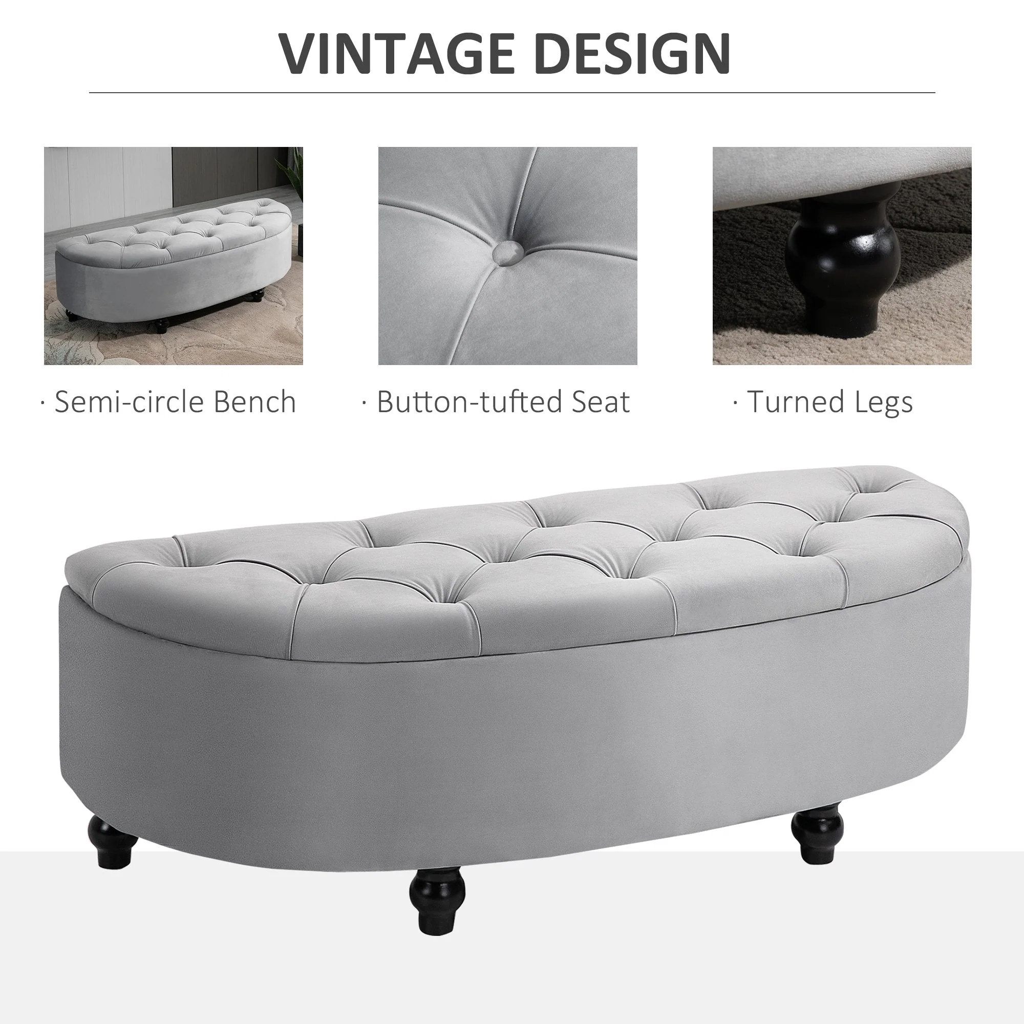 Semi-Circle Bed End Bench Ottoman with Storage Tufted Upholstered Accent Seat Footrest Stool with Rubberwood Legs for Bedroom & Entryway - Image 4