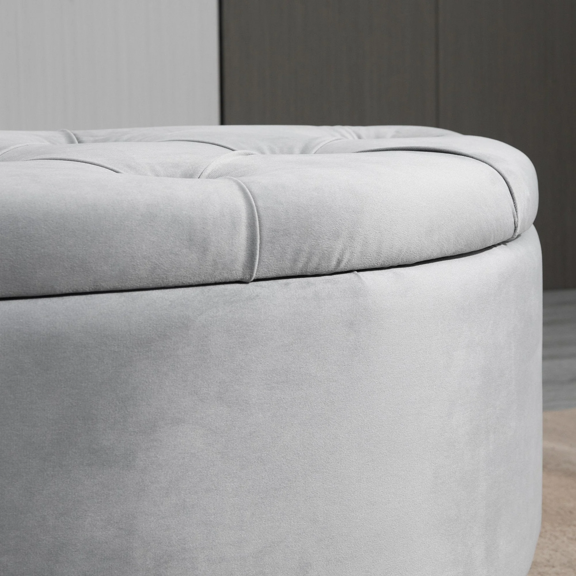 Semi-Circle Bed End Bench Ottoman with Storage Tufted Upholstered Accent Seat Footrest Stool with Rubberwood Legs for Bedroom & Entryway - Image 9