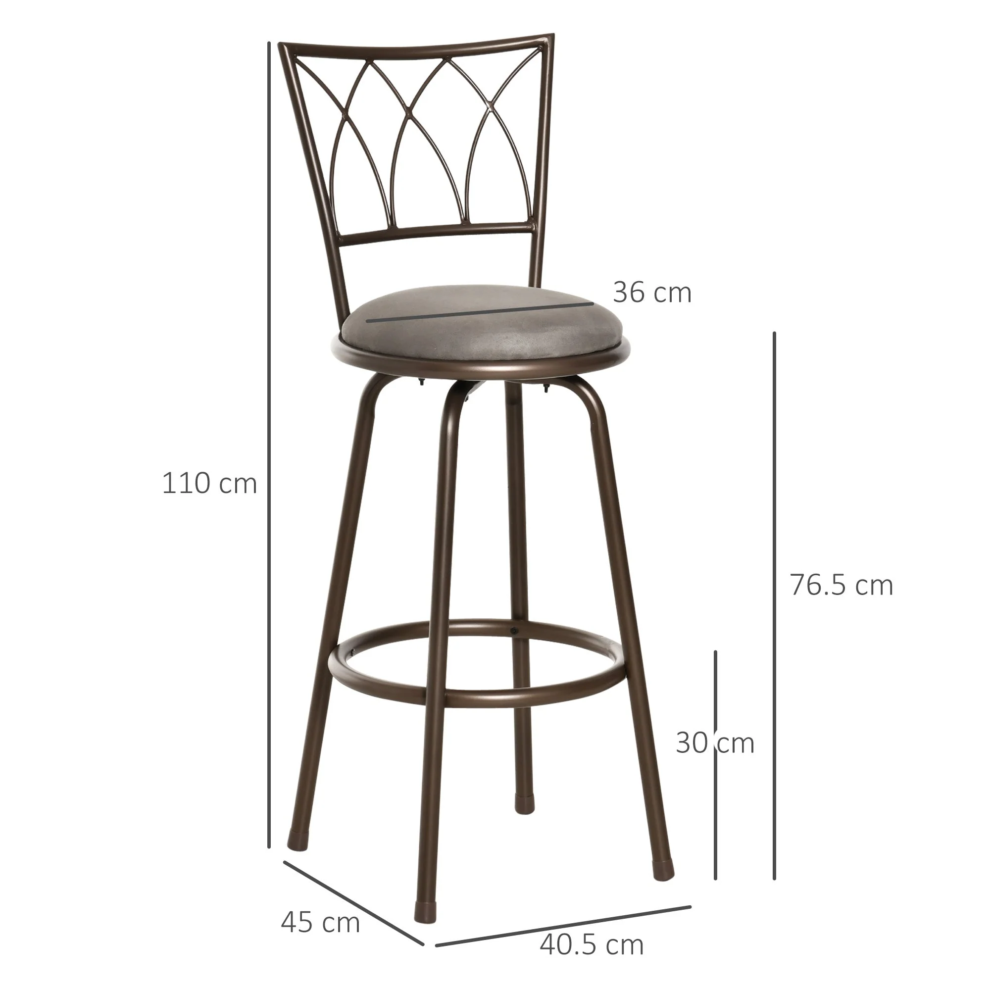 Set of 2 Bar Chairs Swivel Armless Upholstered Metal Frame Barstools with Backrest & Footrest - Image 3