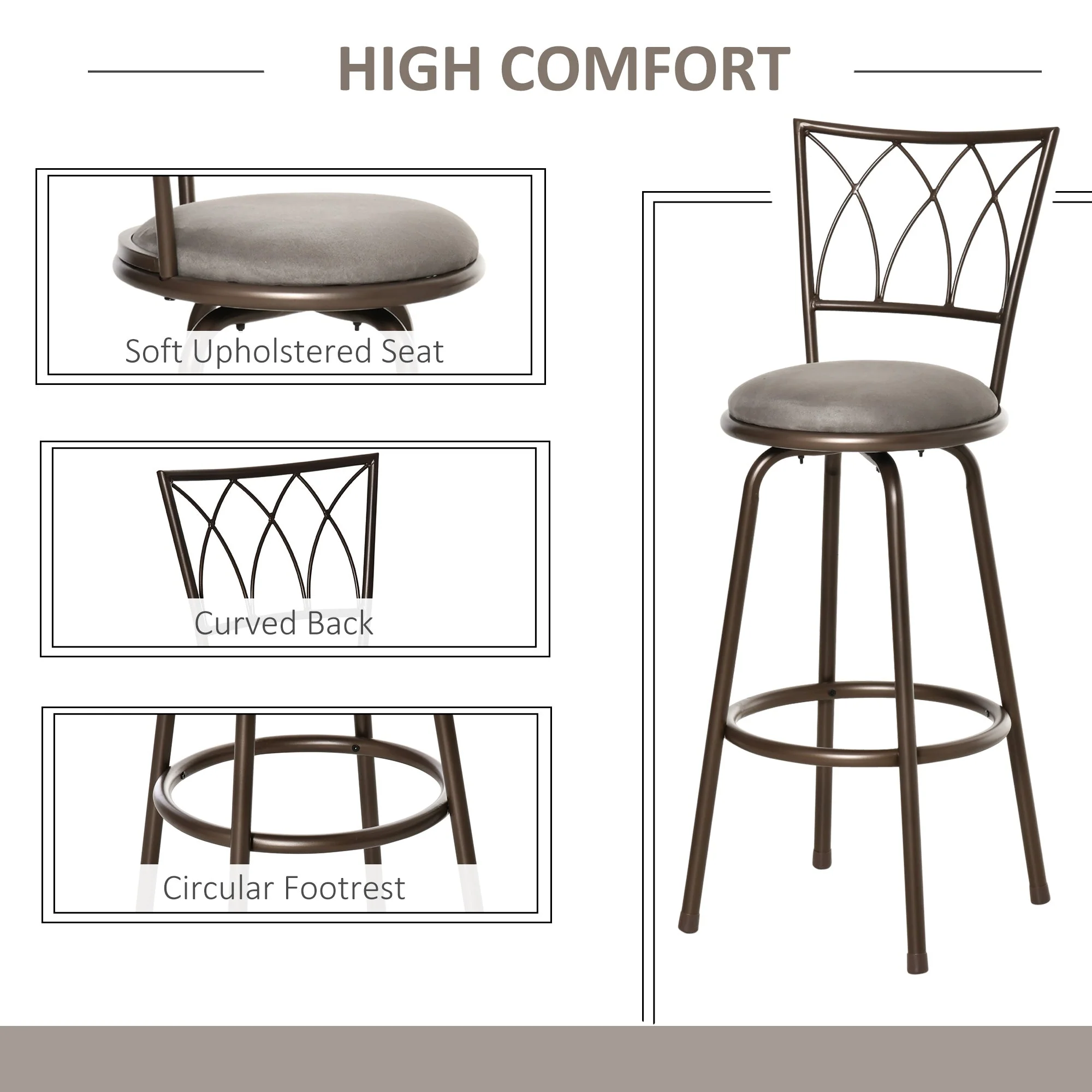 Set of 2 Bar Chairs Swivel Armless Upholstered Metal Frame Barstools with Backrest & Footrest - Image 5