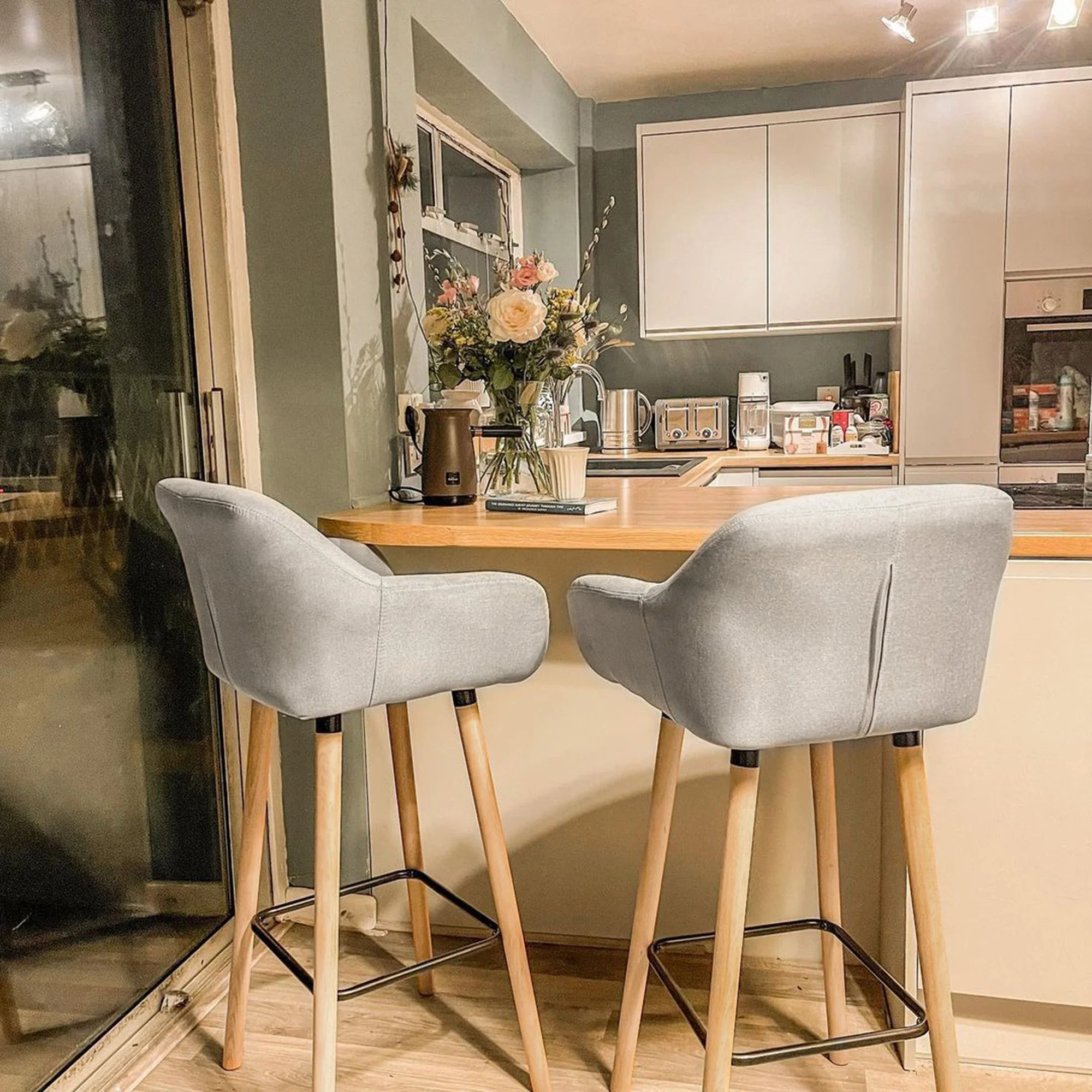 Set of 2 Bar Stools Modern Upholstered Seat Bar Chairs w/ Metal Frame - Image 8