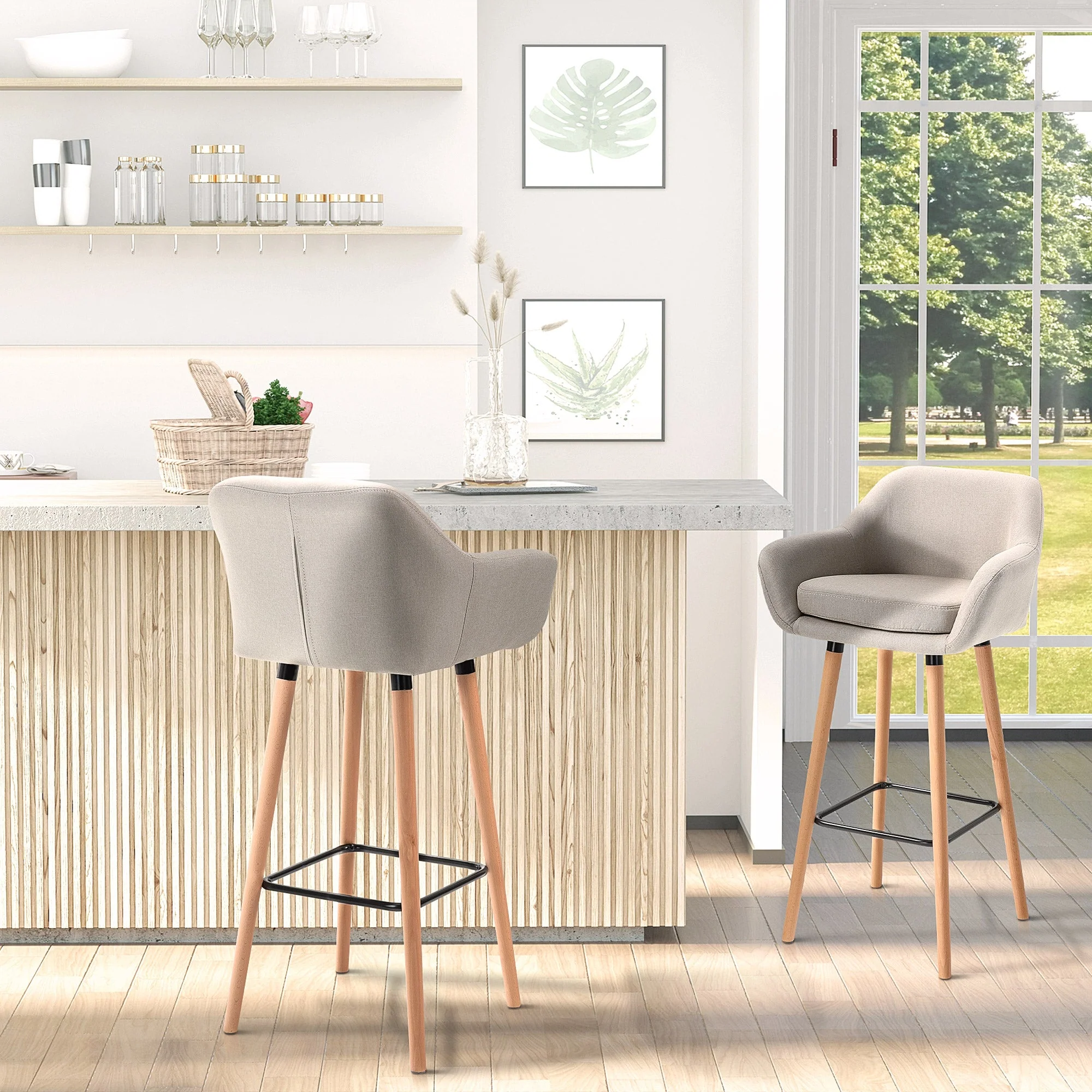 Set of 2 Bar Stools Modern Upholstered Seat Bar Chairs w/ Metal Frame - Image 9