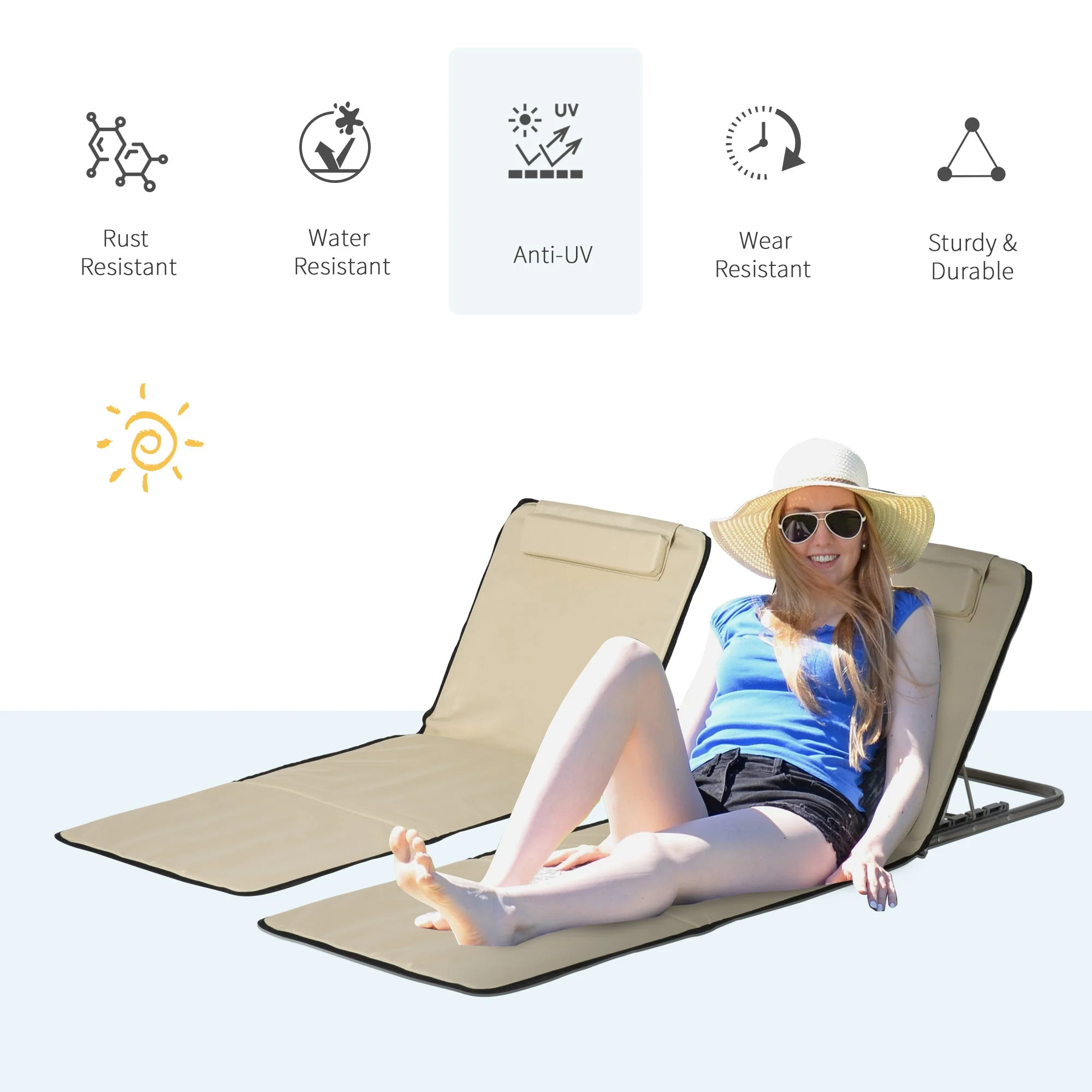 Set Of 2 Beach Mat Seat Adjustable Back Metal Frame Fabric Cover Foldable w/ Bag - Image 3