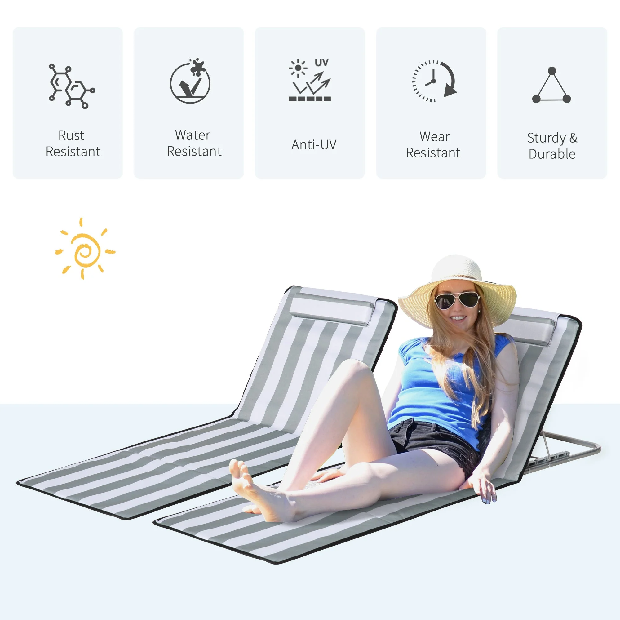 Set Of 2 Beach Mat Seat Adjustable Back Metal Frame Fabric Cover Foldable w/ Bag - Image 3