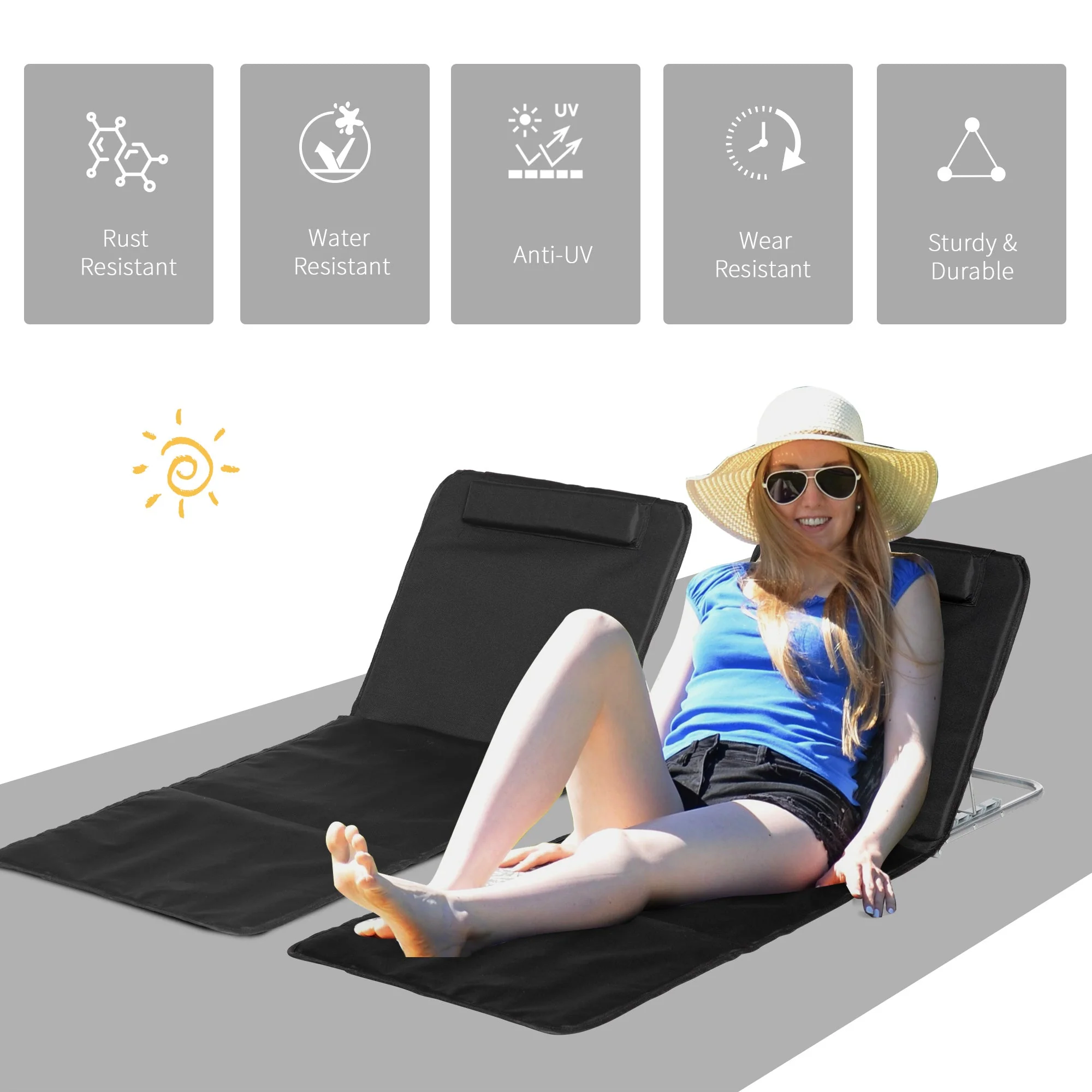 Set of 2 Foldable Garden Beach Chair Mat Lightweight Outdoor Sun Lounger Seat Adjustable Back Metal Frame PE Fabric Head Pillow w/ Carry Bag - Image 3