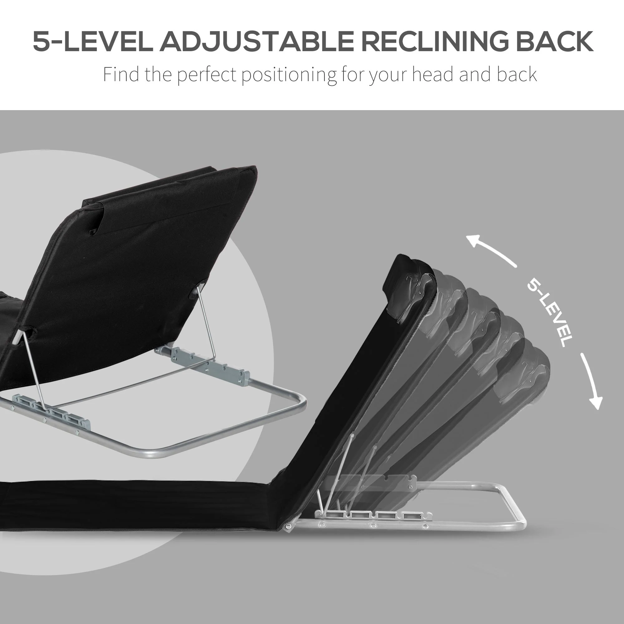 Set of 2 Foldable Garden Beach Chair Mat Lightweight Outdoor Sun Lounger Seat Adjustable Back Metal Frame PE Fabric Head Pillow w/ Carry Bag - Image 4