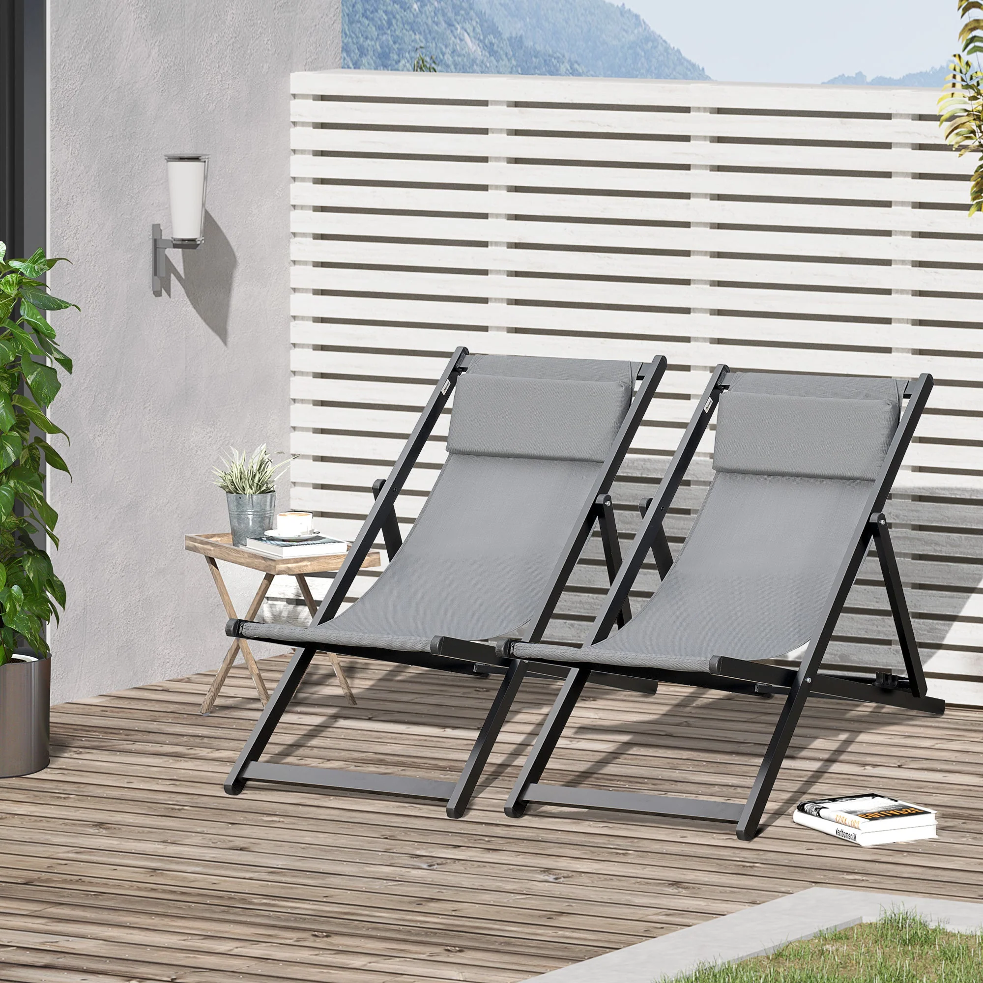 Set of 2 Folding Garden Beach Aluminium Frame Deck Chairs Deckchairs Seaside Folding Garden Patio Lounger - Image 2