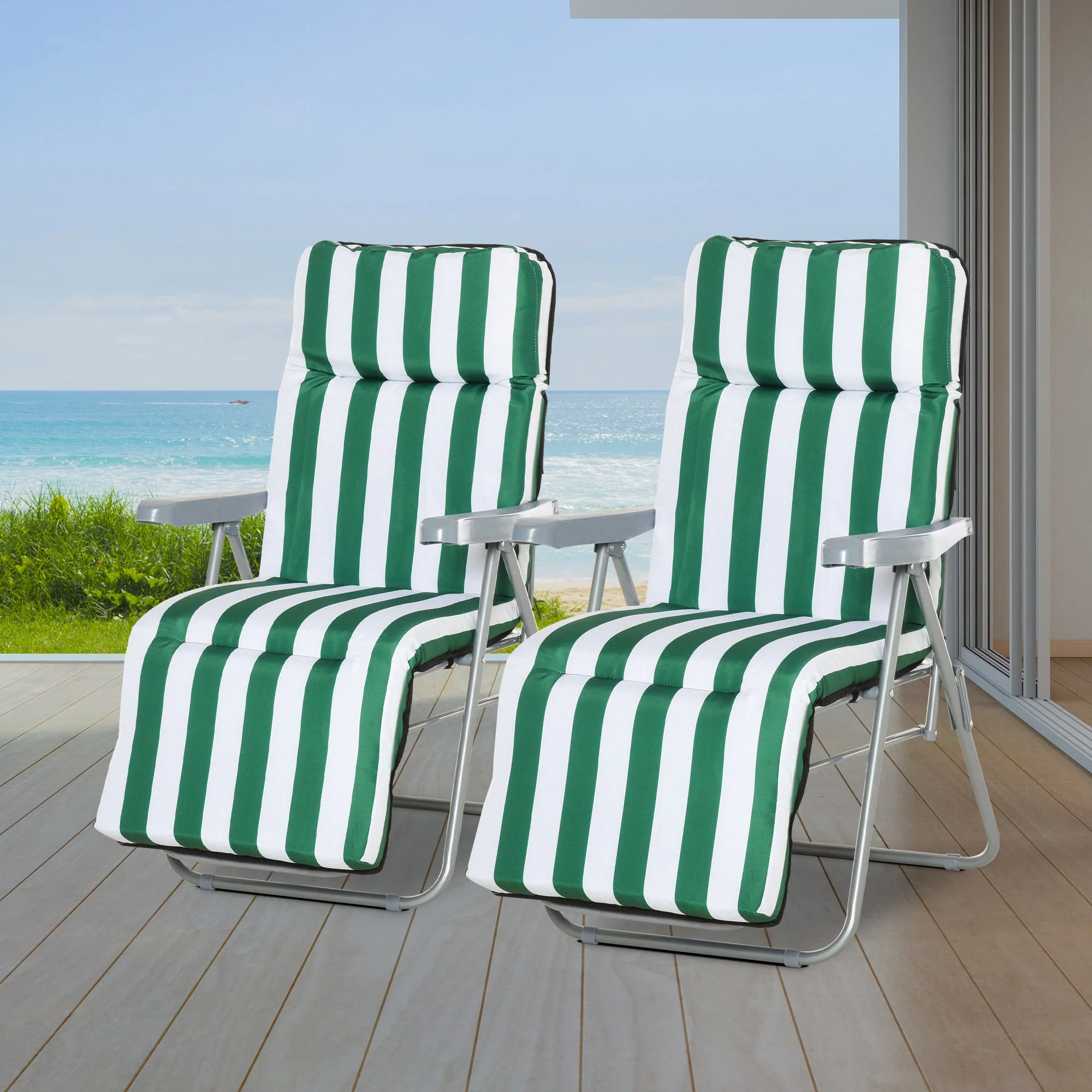 Set of 2 Garden Patio Outdoor Sun Recliners Loungers Folding Foldable Multi Position Relaxers Chairs with Cushions Fire Retardant Sponge Green White - Image 2