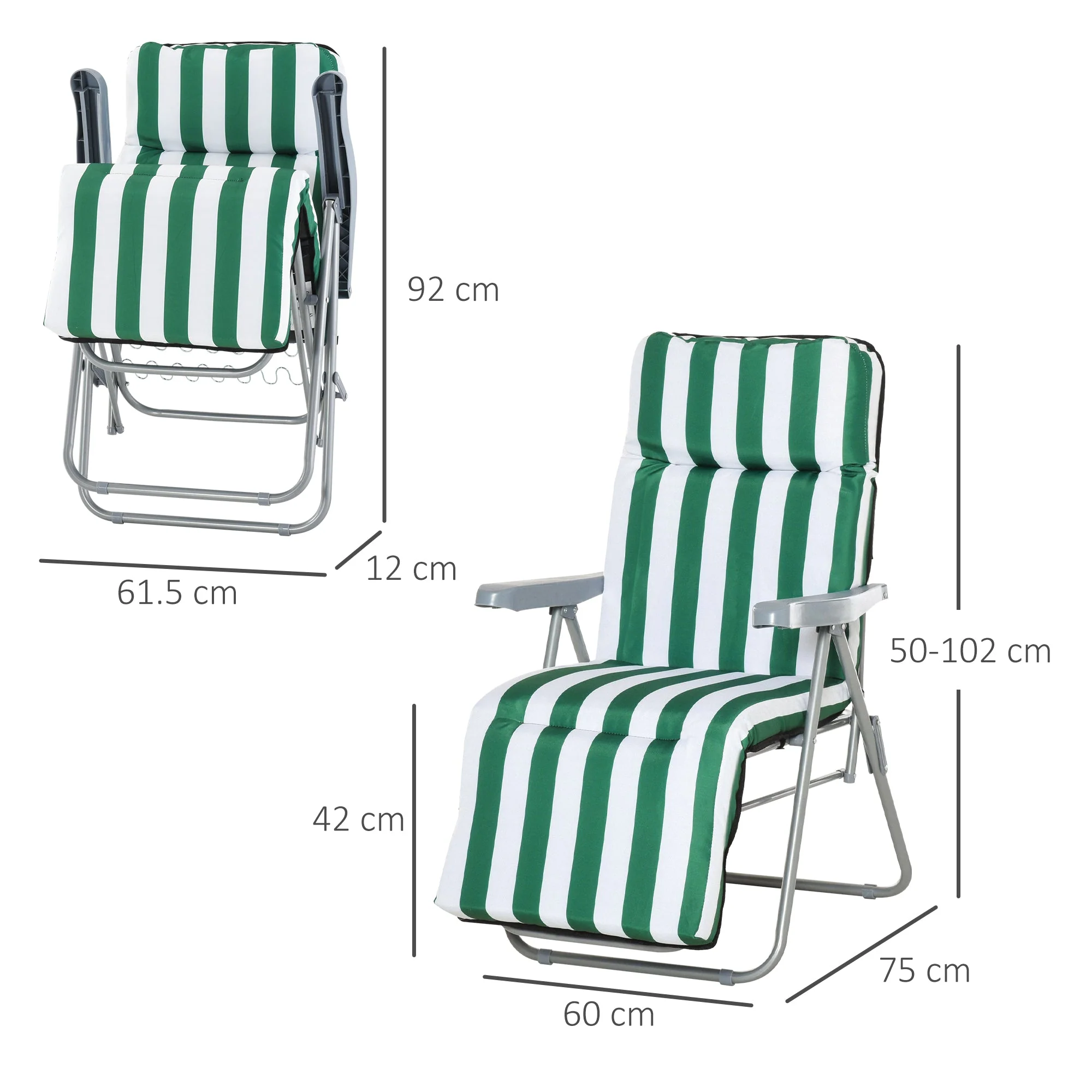 Set of 2 Garden Patio Outdoor Sun Recliners Loungers Folding Foldable Multi Position Relaxers Chairs with Cushions Fire Retardant Sponge Green White - Image 3