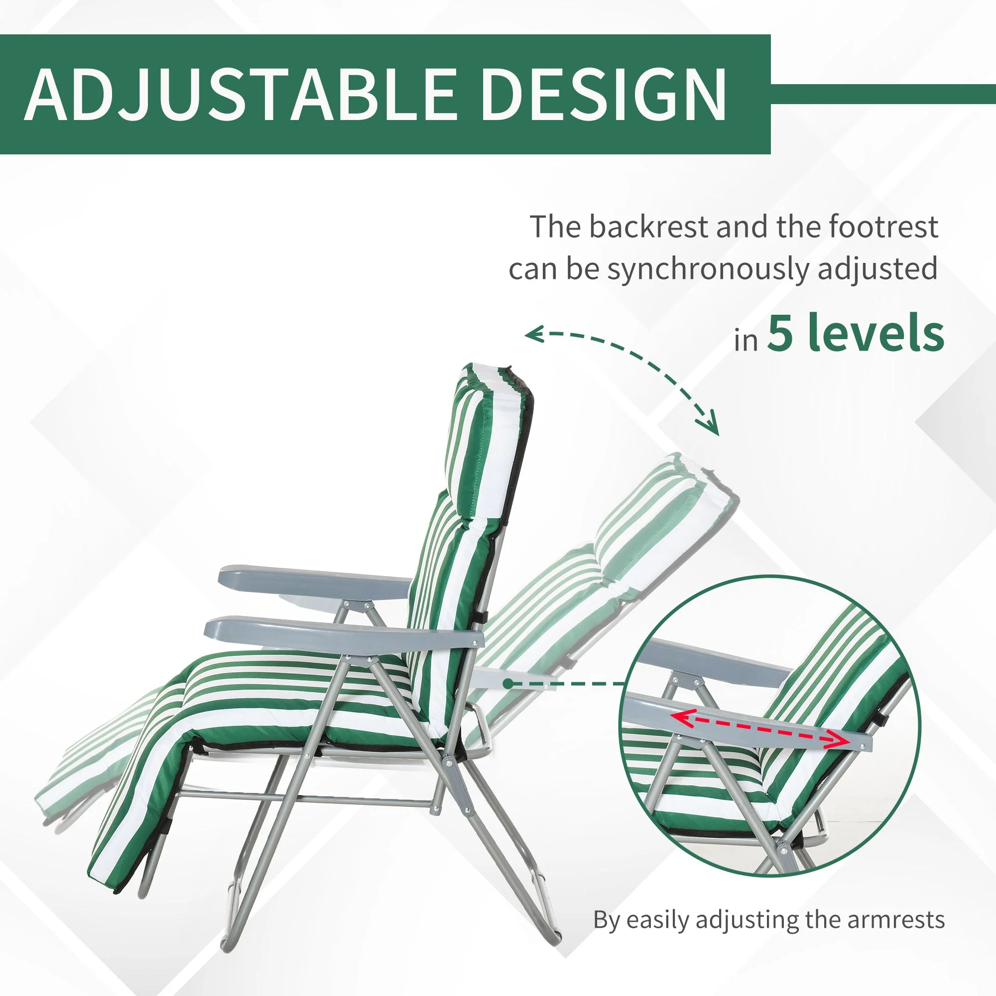 Set of 2 Garden Patio Outdoor Sun Recliners Loungers Folding Foldable Multi Position Relaxers Chairs with Cushions Fire Retardant Sponge Green White - Image 4