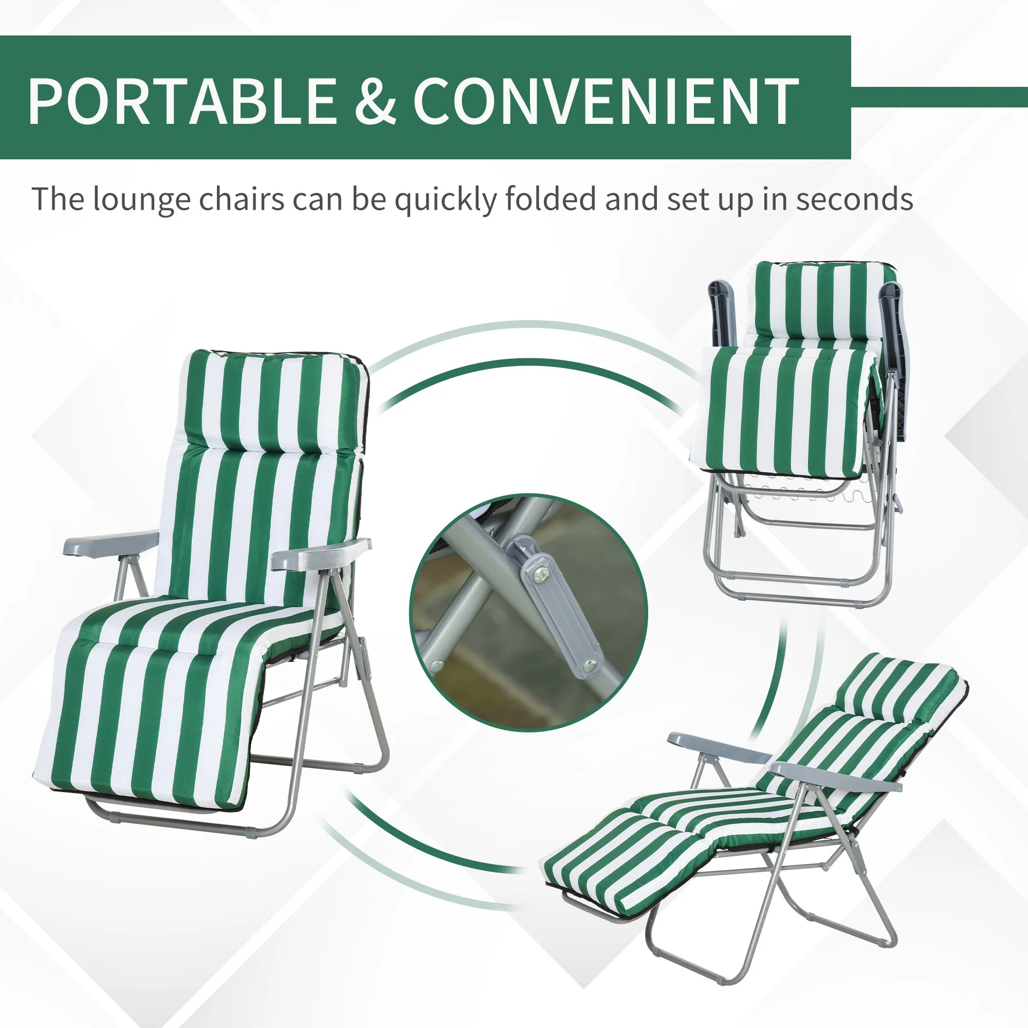 Set of 2 Garden Patio Outdoor Sun Recliners Loungers Folding Foldable Multi Position Relaxers Chairs with Cushions Fire Retardant Sponge Green White - Image 5