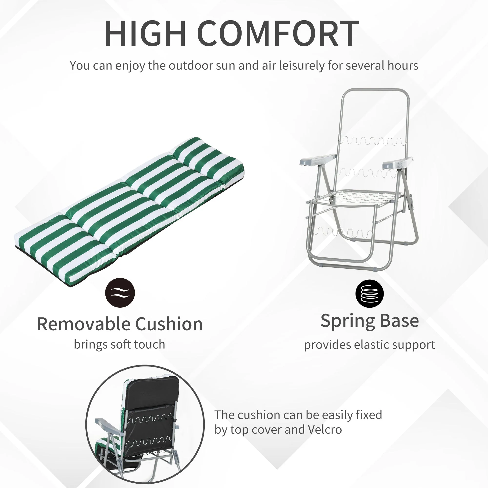 Set of 2 Garden Patio Outdoor Sun Recliners Loungers Folding Foldable Multi Position Relaxers Chairs with Cushions Fire Retardant Sponge Green White - Image 6