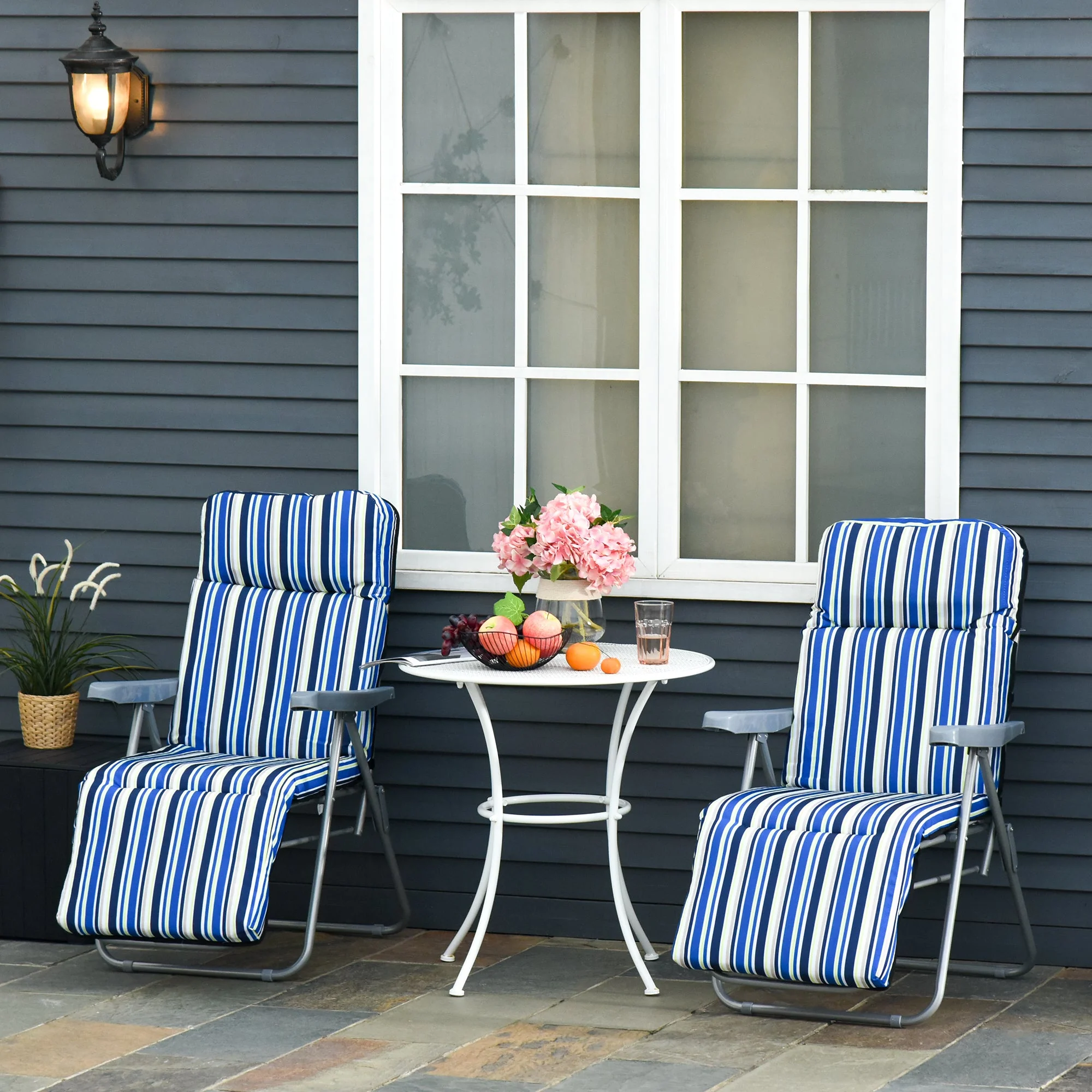 Set of 2 Garden Sun Lounger Outdoor Reclining Seat Cushioned Seat Foldable Adjustable Recliner Blue and White - Image 2