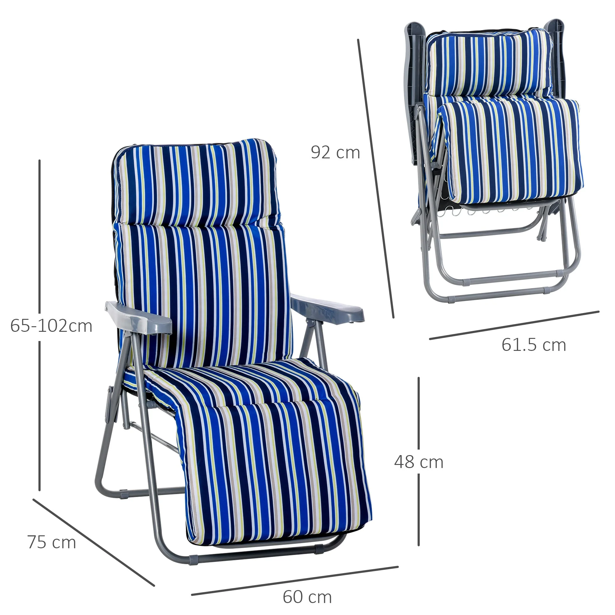 Set of 2 Garden Sun Lounger Outdoor Reclining Seat Cushioned Seat Foldable Adjustable Recliner Blue and White - Image 3