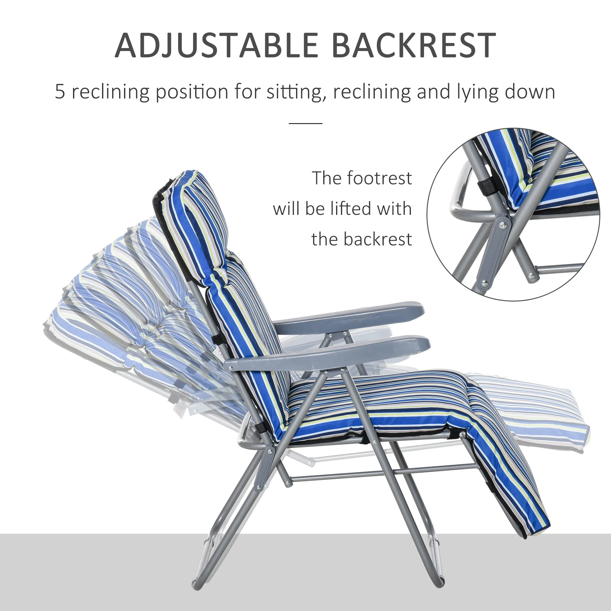 Set of 2 Garden Sun Lounger Outdoor Reclining Seat Cushioned Seat Foldable Adjustable Recliner Blue and White - Image 4