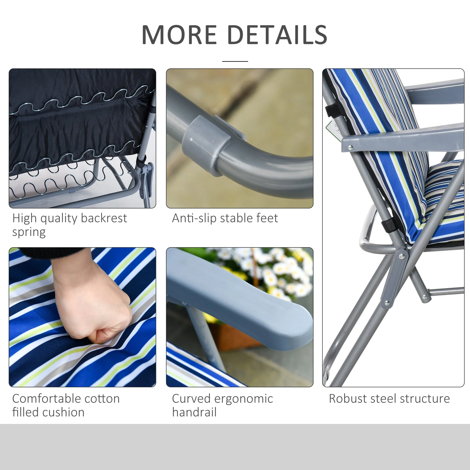 Set of 2 Garden Sun Lounger Outdoor Reclining Seat Cushioned Seat Foldable Adjustable Recliner Blue and White - Image 6