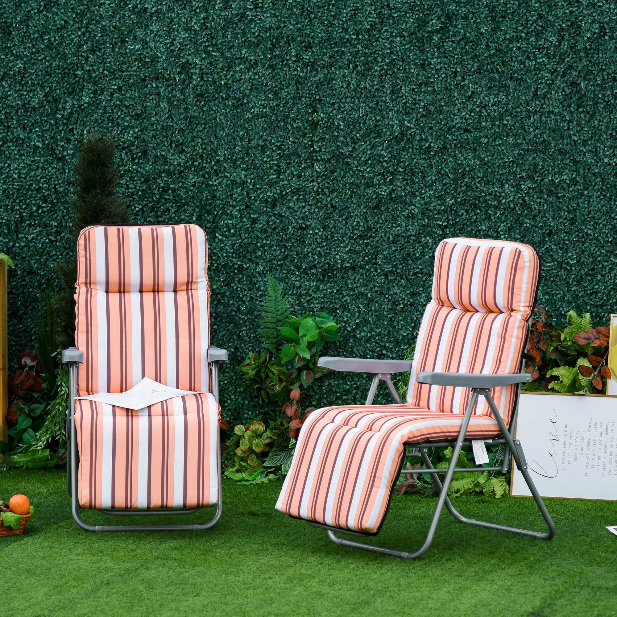 Set of 2 Garden Sun Lounger Outdoor Reclining Seat Cushioned Seat Foldable Adjustable Recliner Orange and White - Image 2