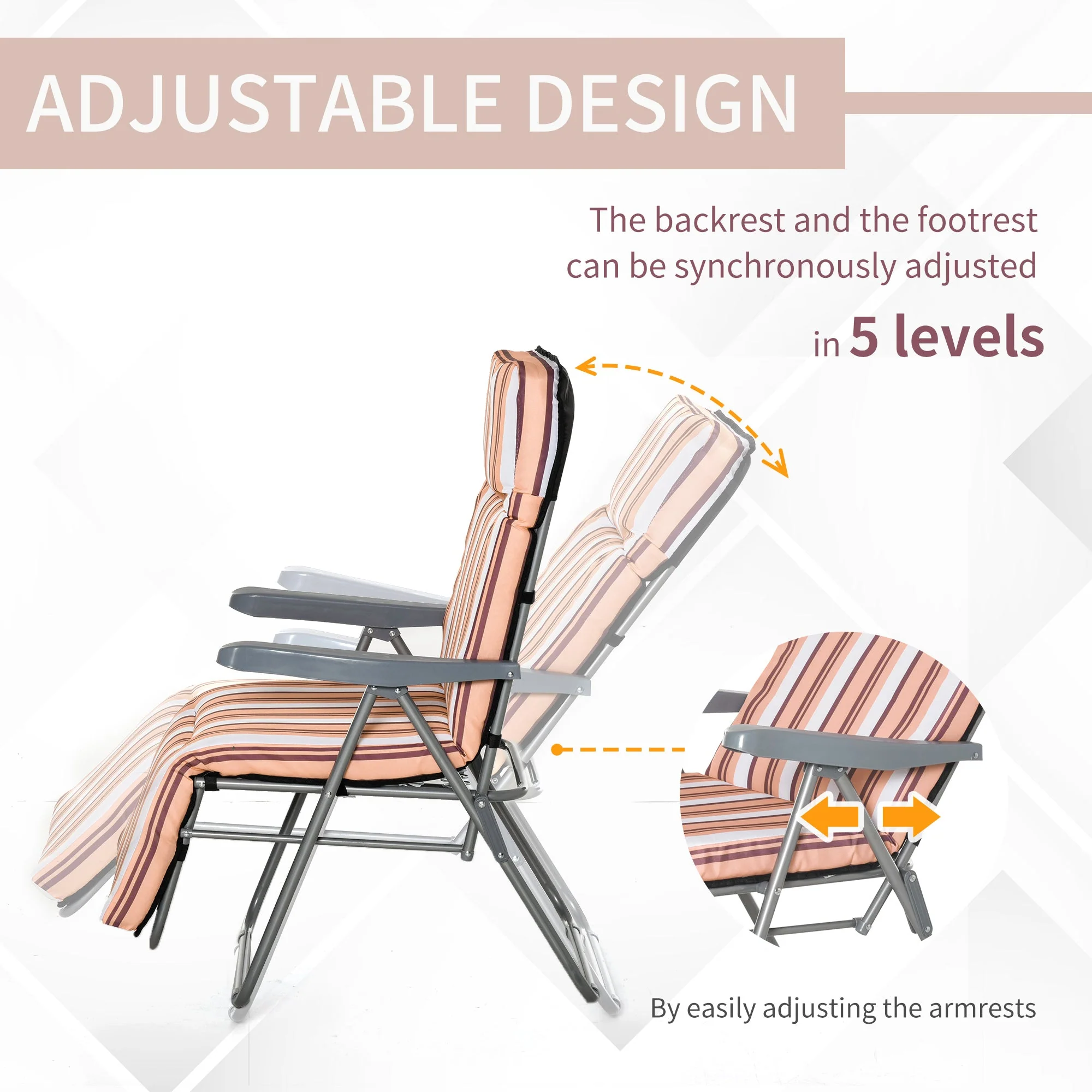 Set of 2 Garden Sun Lounger Outdoor Reclining Seat Cushioned Seat Foldable Adjustable Recliner Orange and White - Image 4