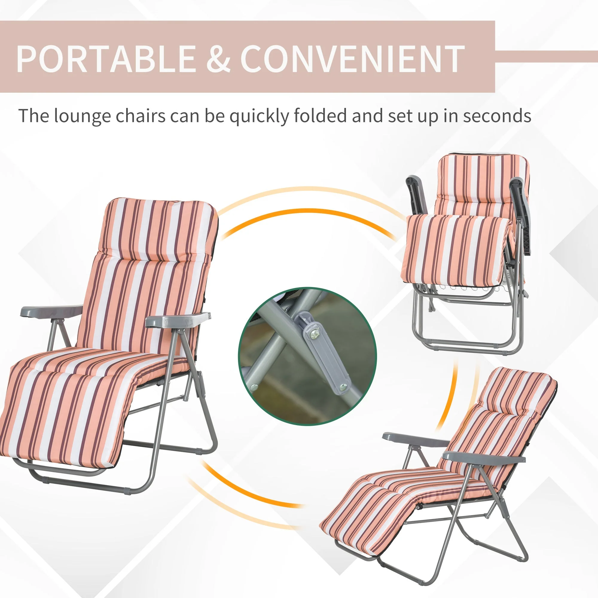 Set of 2 Garden Sun Lounger Outdoor Reclining Seat Cushioned Seat Foldable Adjustable Recliner Orange and White - Image 7