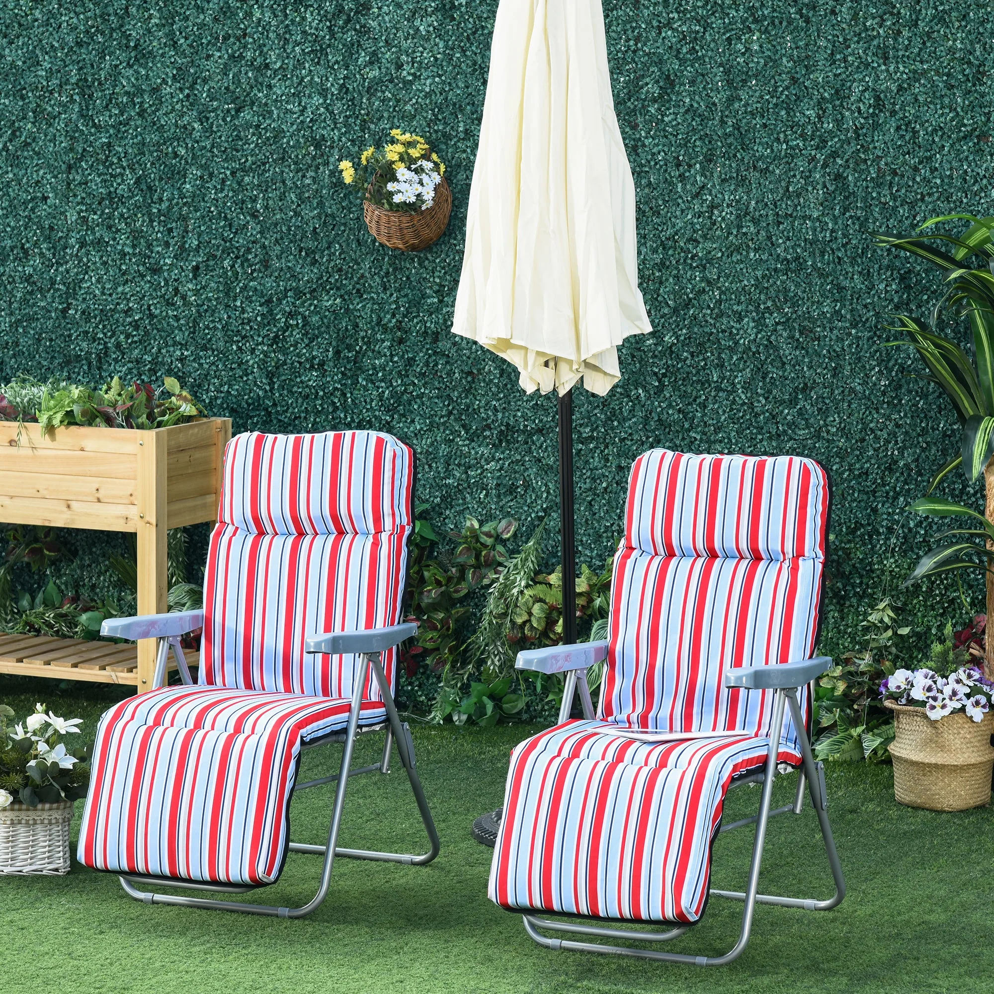 Set of 2 Garden Sun Lounger Outdoor Reclining Seat Cushioned Seat Foldable Adjustable Recliner Red and White - Image 2