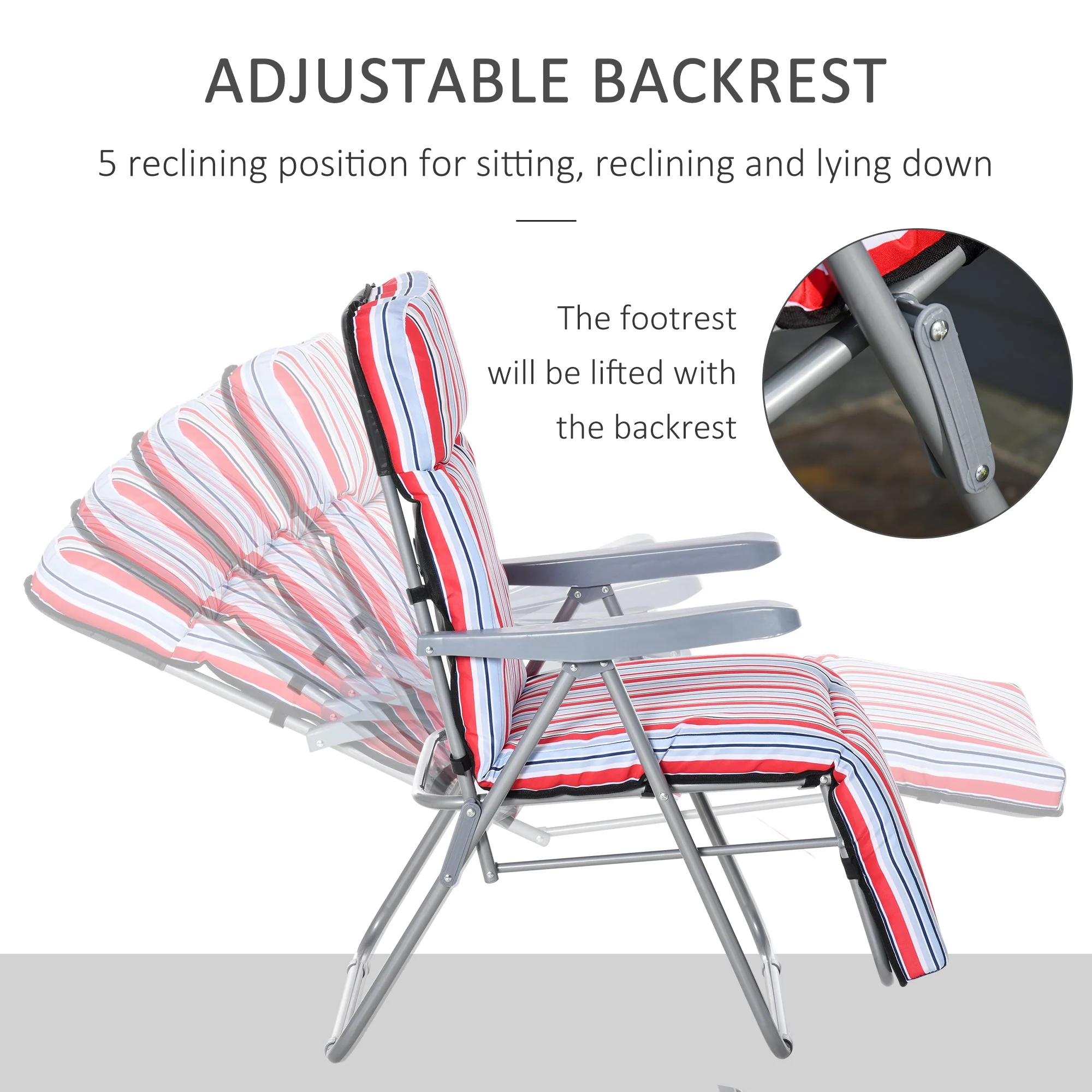 Set of 2 Garden Sun Lounger Outdoor Reclining Seat Cushioned Seat Foldable Adjustable Recliner Red and White - Image 4