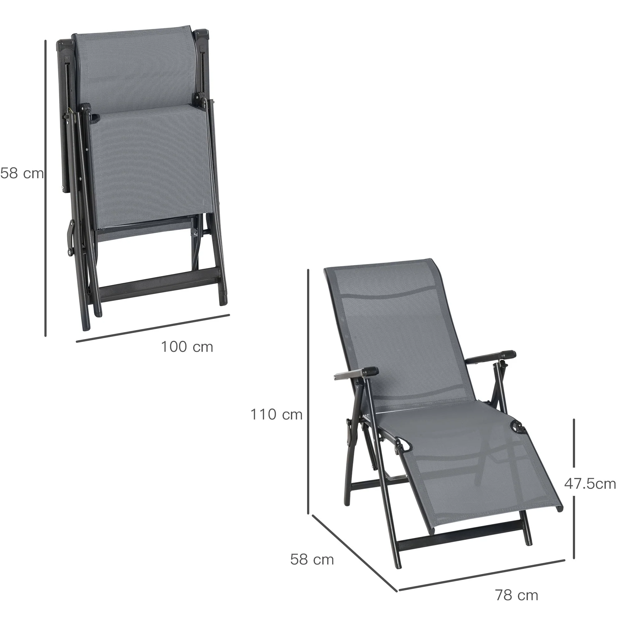Set of 2 Outdoor Sun Lounger Adjustable Folding Steel Chaise Reclining Lounge Chairs with 10 Back and Leg Positions - Image 3
