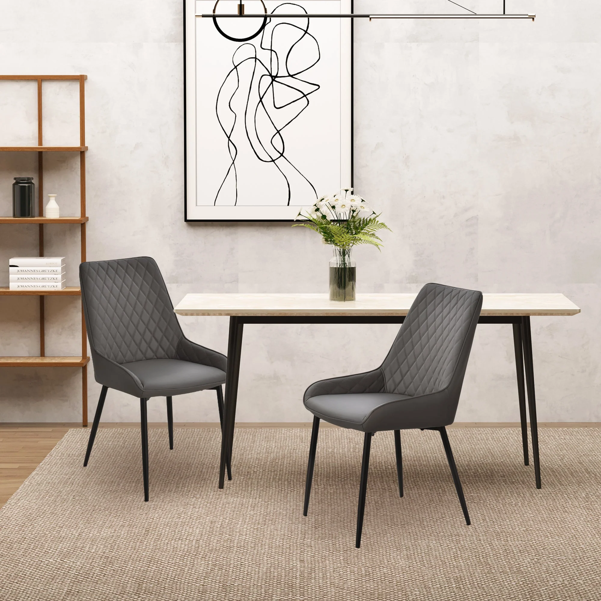 Set Of 2 Quilted PU Leather Dining Chairs with Metal Frame 4 Legs Foot Caps Home Seating Modern Stylish Executive Grey - Image 3