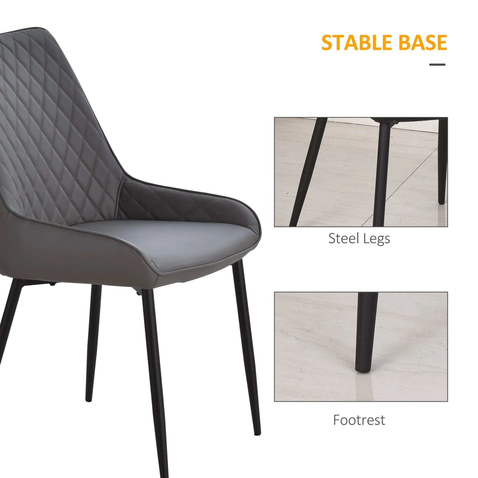 Set Of 2 Quilted PU Leather Dining Chairs with Metal Frame 4 Legs Foot Caps Home Seating Modern Stylish Executive Grey - Image 6