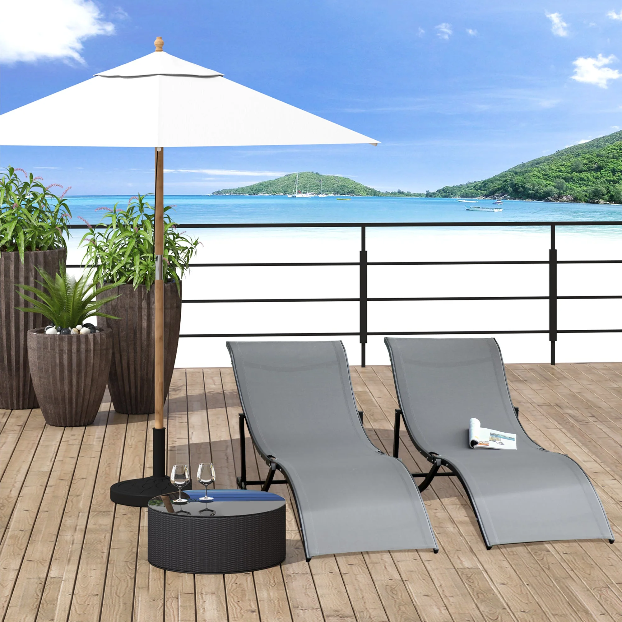 Set of 2 S-shaped Foldable Lounge Chair Sun Lounger Reclining Outdoor Chair for Patio Beach Garden Grey - Image 2