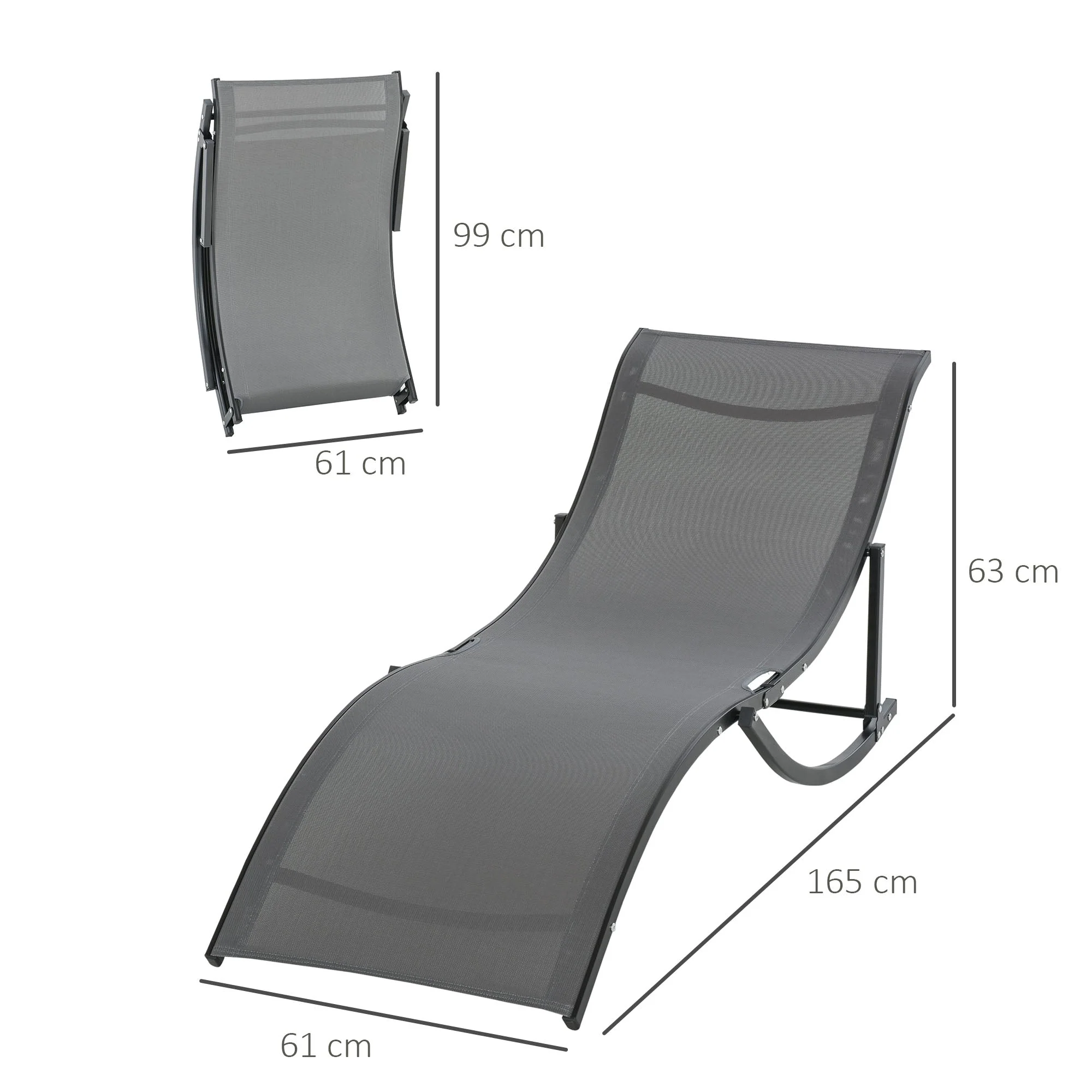 Set of 2 S-shaped Foldable Lounge Chair Sun Lounger Reclining Outdoor Chair for Patio Beach Garden Grey - Image 3