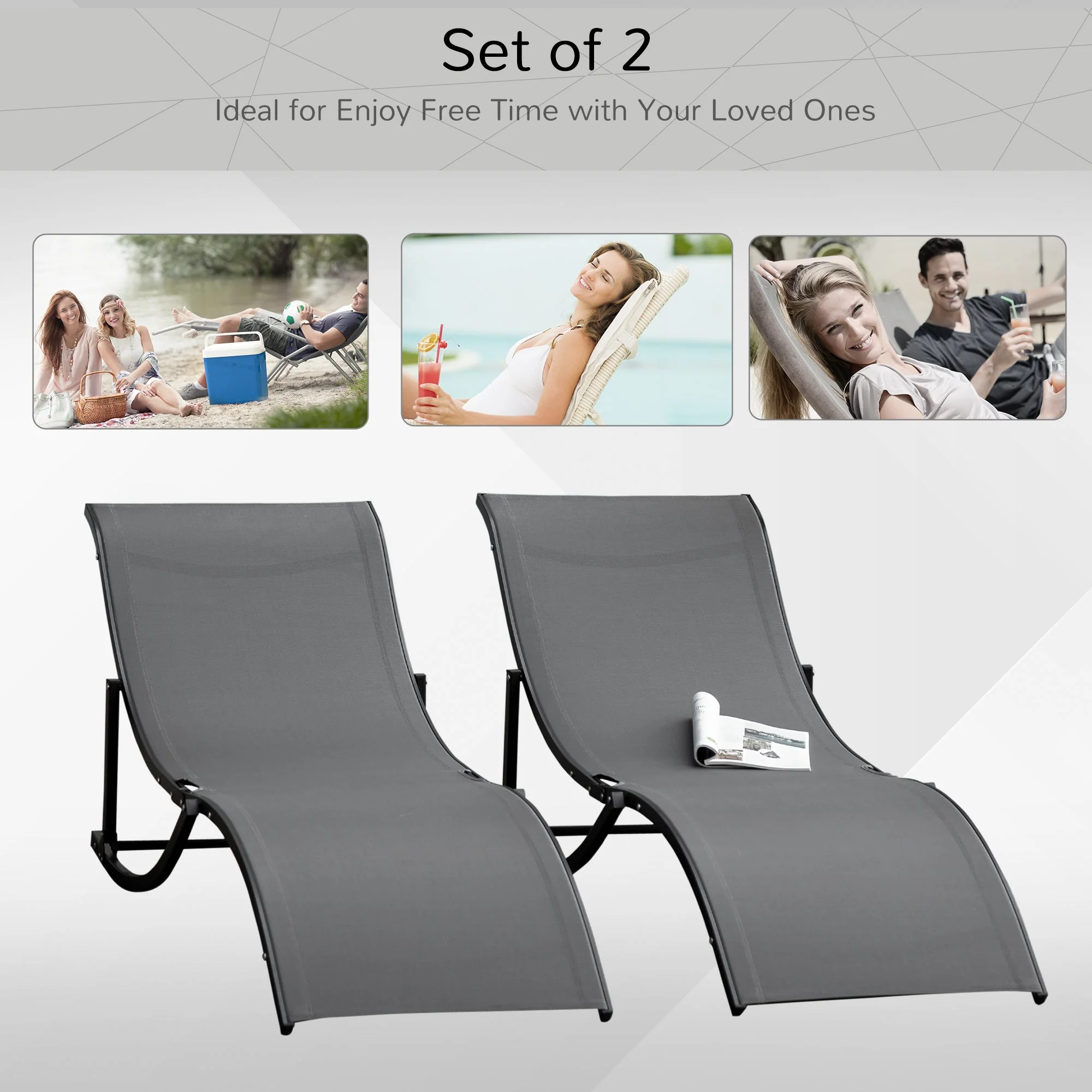 Set of 2 S-shaped Foldable Lounge Chair Sun Lounger Reclining Outdoor Chair for Patio Beach Garden Grey - Image 4