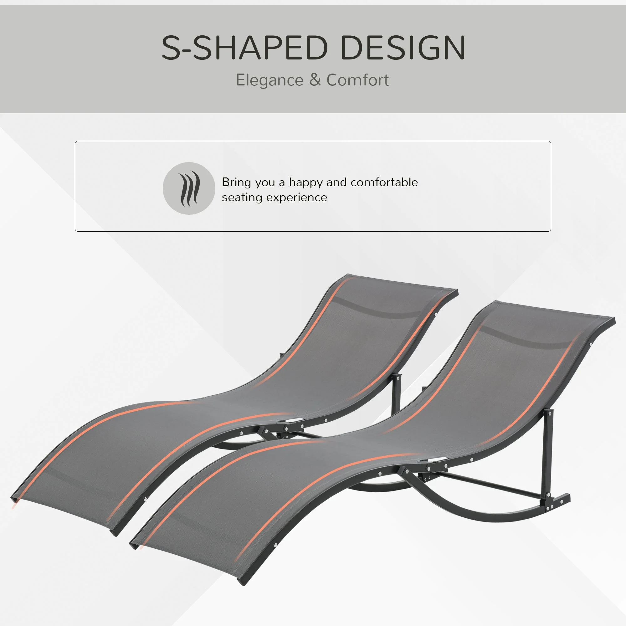 Set of 2 S-shaped Foldable Lounge Chair Sun Lounger Reclining Outdoor Chair for Patio Beach Garden Grey - Image 5