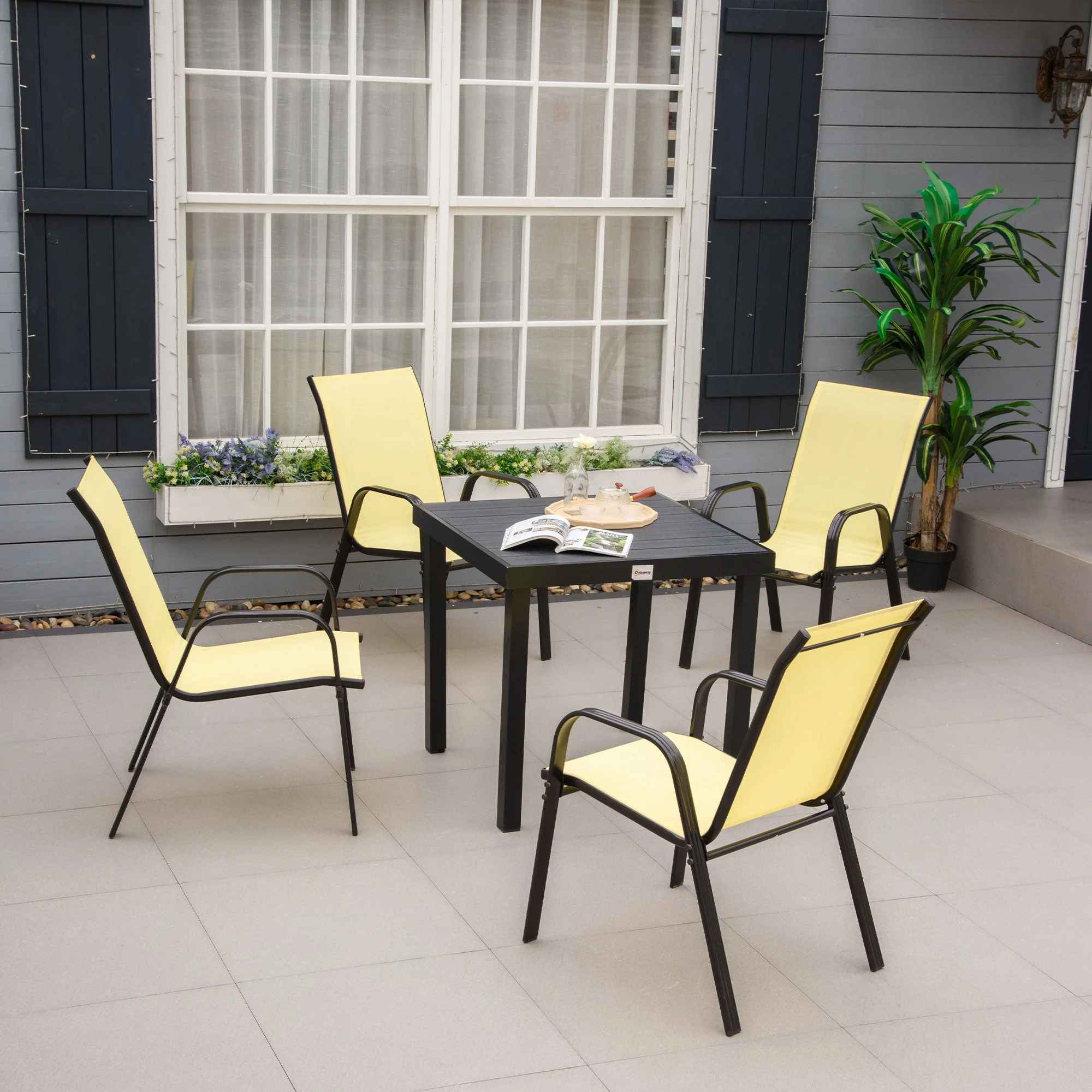 Set of 4 Garden Dining Chair Set Stackable Outdoor Patio Furniture Set with High Back and Armrest - Image 2