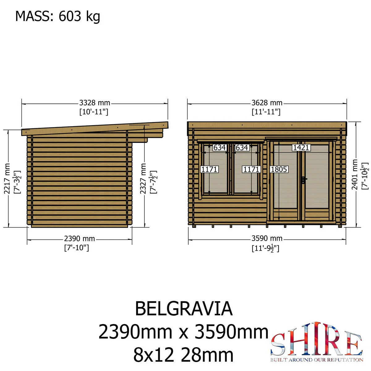 Shire Belgravia 7' 10" x 11' 9" Pent Log Cabin - Premium 70mm Cladding Tongue & Groove - Image 4