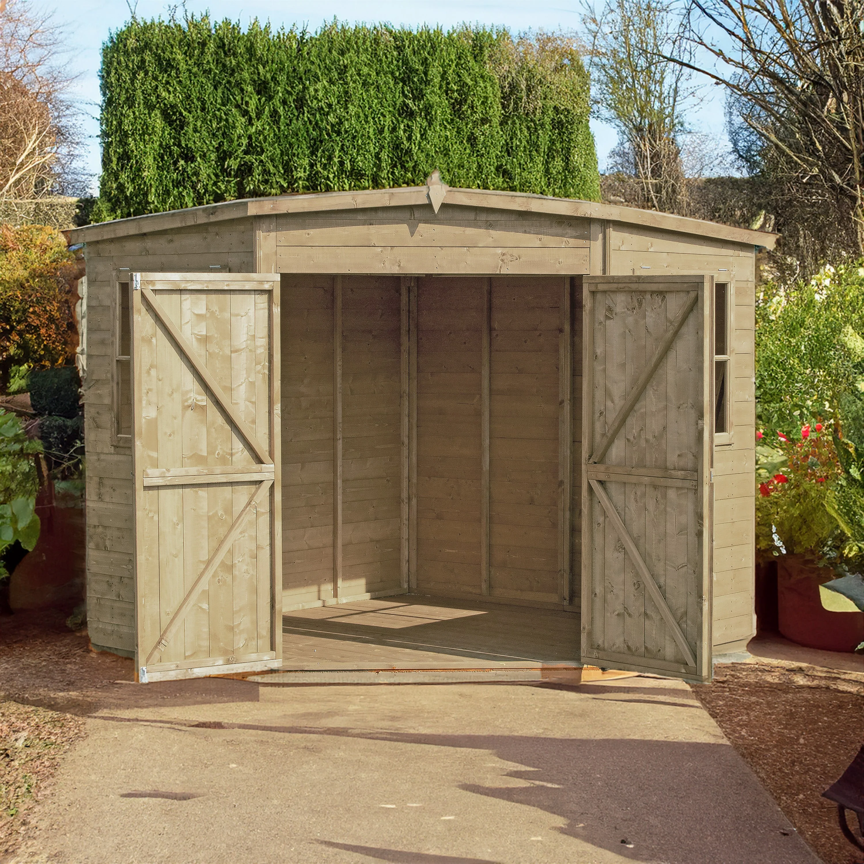 Corner 6' 5" x 6' 8" Flat Shed - Premium Pressure Treated Shiplap - Image 2